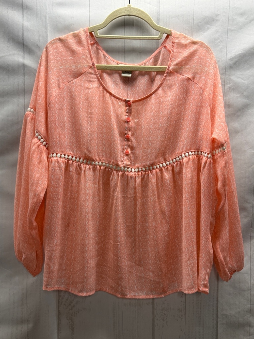 Ariat NWT Peach Printed Sheer Balloon Sleeve Peasant Boho Long Sleeve Blouse